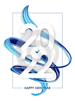 Happy New Year. Number of 2022 with blue abstract twisted textured paint stroke shape. Trendy design