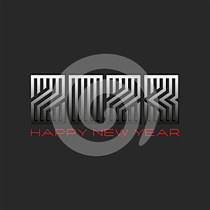 Happy New Year 2023 number monogram calendar cover, maze shape creative typography element black background, greeting card design