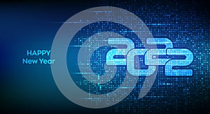 Happy New 2022 Year. Numbers 2022 made with binary code. Digital binary data and streaming digital code background. Matrix