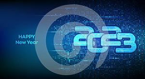 Happy New 2023 Year. Numbers 2023 made with binary code. Digital binary data and streaming digital code background. Matrix