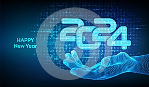 Happy New 2024 Year. Numbers 2024 made with binary code in wireframe hand. Digital binary data and streaming digital code
