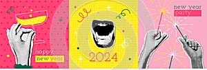 Happy new 2024 year party card and invitation set halftone design with yelling mouth and hands holding champagne and