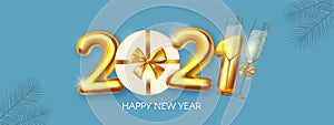 Happy New 2021 Year Party poster template with 3D realistic text, champagne glasses and gift box. Festive design