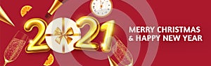 Happy New 2021 Year Party poster template with 3D realistic text, champagne glasses and gift box. Festive header design