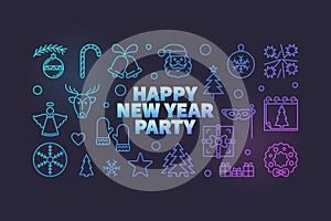 Happy New Year Party vector line colored horizontal illustration