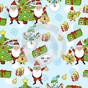 Happy new year pattern with Santa Claus, christmas tree, gifts, bell, stars, cock, rooster and snowman. Funny pattern on a blue ba