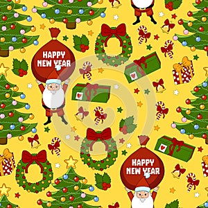 Happy new year pattern with Santa Claus, christmas tree, gifts, bell, stars, wreath. Funny pattern on a yellow background.