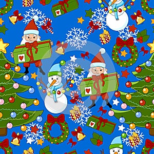 Happy new year pattern with Santa Claus, christmas tree, gifts, bell, wreath, stars and snowman. Funny pattern on a blue