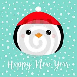 Happy New Year. Penguin round head face icon. Red hat. Merry Christmas. Cute cartoon kawaii baby character. Arctic animal. Flat