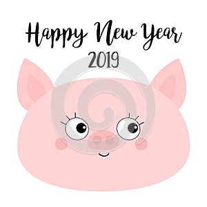 Happy New Year 2019. Pig face. Pink piggy piglet. Chinise symbol. Cute cartoon funny kawaii baby character. Flat design. White bac