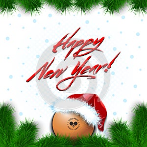 Happy New year. Ping-pong ball in a santa hat
