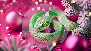 Happy New year pink background with green snake and Christmas tree