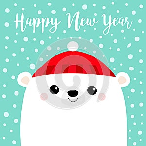 Happy New Year. Polar white bear cub face. Red hat. Merry Christmas. Cute cartoon baby character. Arctic animal. Hello winter.
