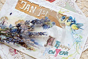 Happy New Year Postcard with Flowers