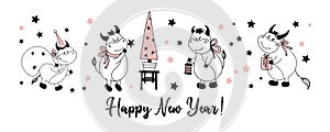 Happy New Year. Postcard horizontal with bulls or oxen. Ox character. Simple cow drawing