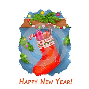 Happy New Year postcard with stocks stockings full of candies and presents gift boxes. Digital art illustration of sock on wall,