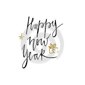Happy new year postcard template. Modern lettering isolated on white background. Christmas card concept. Handwritten modern brush