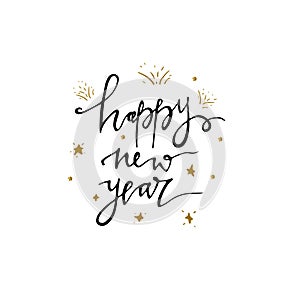 Happy new year postcard template. Modern lettering isolated on white background. Christmas card concept. Handwritten modern brush