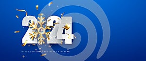 Happy new year poster 2024 blue . holiday background with golden snowflake and date 2024. vector illustration for web.