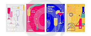 Happy New Year, poster, banner and card design with cocktails, drinks. Vector illustration in geometric bold style. 2024