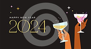 Happy New Year, poster, banner and card design with festive cocktails