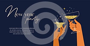Happy New Year, poster, banner and card design with festive cocktails