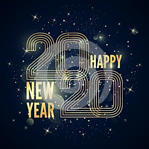 Happy New Year poster. Colorful golden gradient lines created number 2020 and greeting text with glitters and sparkles. Vector