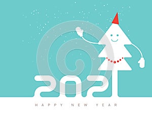 Happy New Year 2021. Poster Design with dressy smiling Christmas tree. Holiday background