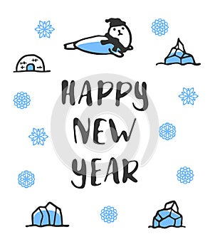 Happy new year poster. Funny doodle seal