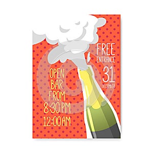 Happy New Year 2019 Poster. Greeting Card, Placard, Invitation Template with Bottle of Champagne
