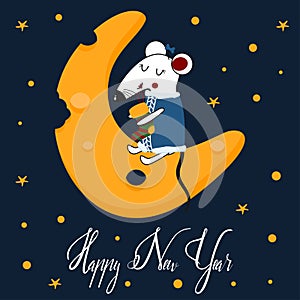 Happy new year poster with rat and cheese moon - vector illustration, eps