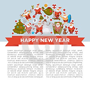 Happy New Year 2018 poster with Santa Clauses in traditional costume, sport suit and swimming trunks, snowman in hat