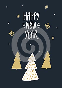 Happy new year poster with white gold christmas trees on black backdrop. Holiday card design. Vector art illustration
