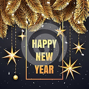Happy New Year Premium luxury background for holiday greeting card. Golden decoration ornament with banner with golden