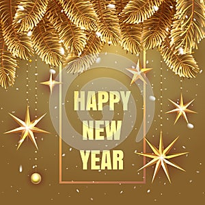 Happy New Year Premium luxury background for holiday greeting card. Golden decoration ornament with banner with golden