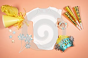 Happy New Year product mockup with party hats and blowers decorations.