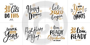 Happy New Year 2020 quote text collection vector design with modern hand lettering calligraphy typography and fireworks illustrati photo
