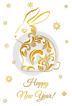 Happy New Year. Rabbit with floral tracery isolated on a white background
