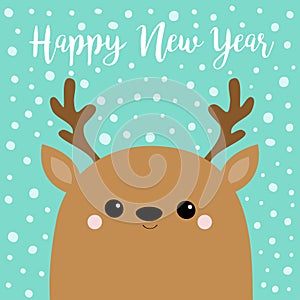 Happy New Year. Raindeer deer head face. Big horns. Merry Christmas. Cute cartoon kawaii baby character. Funny animal. Flat design