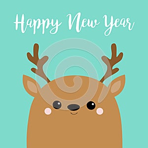 Happy New Year. Raindeer deer head face. Big horns. Merry Christmas. Cute cartoon kawaii baby character. Funny animal. Flat design