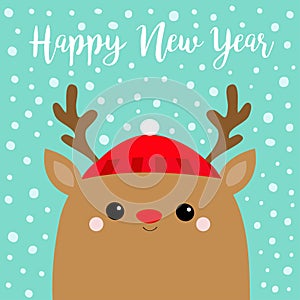 Happy New Year. Raindeer deer head face. Red hat, nose, horns. Merry Christmas. Cute cartoon kawaii baby character. Funny animal.