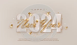 Happy New Year 2024. Realistic gold lettering New Year on Pastel number 2024. photo