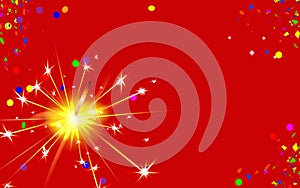 Happy New Year red Background with bengal fire. Sparkler light effect. Magic party firework. Winter Xmas vector illustration. An