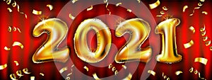 2020 happy New Year red background with golden ribbon and confetti. Christmas decoration with glowing gold number. Vector winter