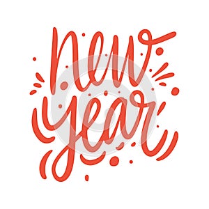 Happy New Year red color. Hand drawn vector lettering and illustration