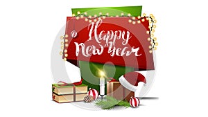 Happy New Year, red and green vertical greetings banner for your creativity in cartoon style with Christmas presents