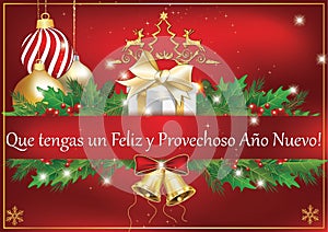 Happy New Year - red greeting card with text in Spanish