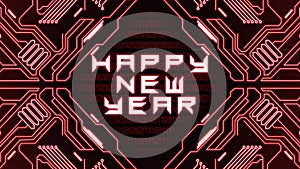 Happy New Year on red mother board with matrix text from numbers