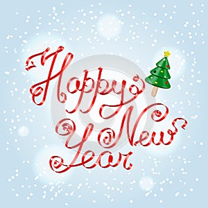 Happy New Year red satin ribbon decorative lettering over light blue