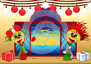 Happy New Year in red, white and yellow, Cartoony boy and girl